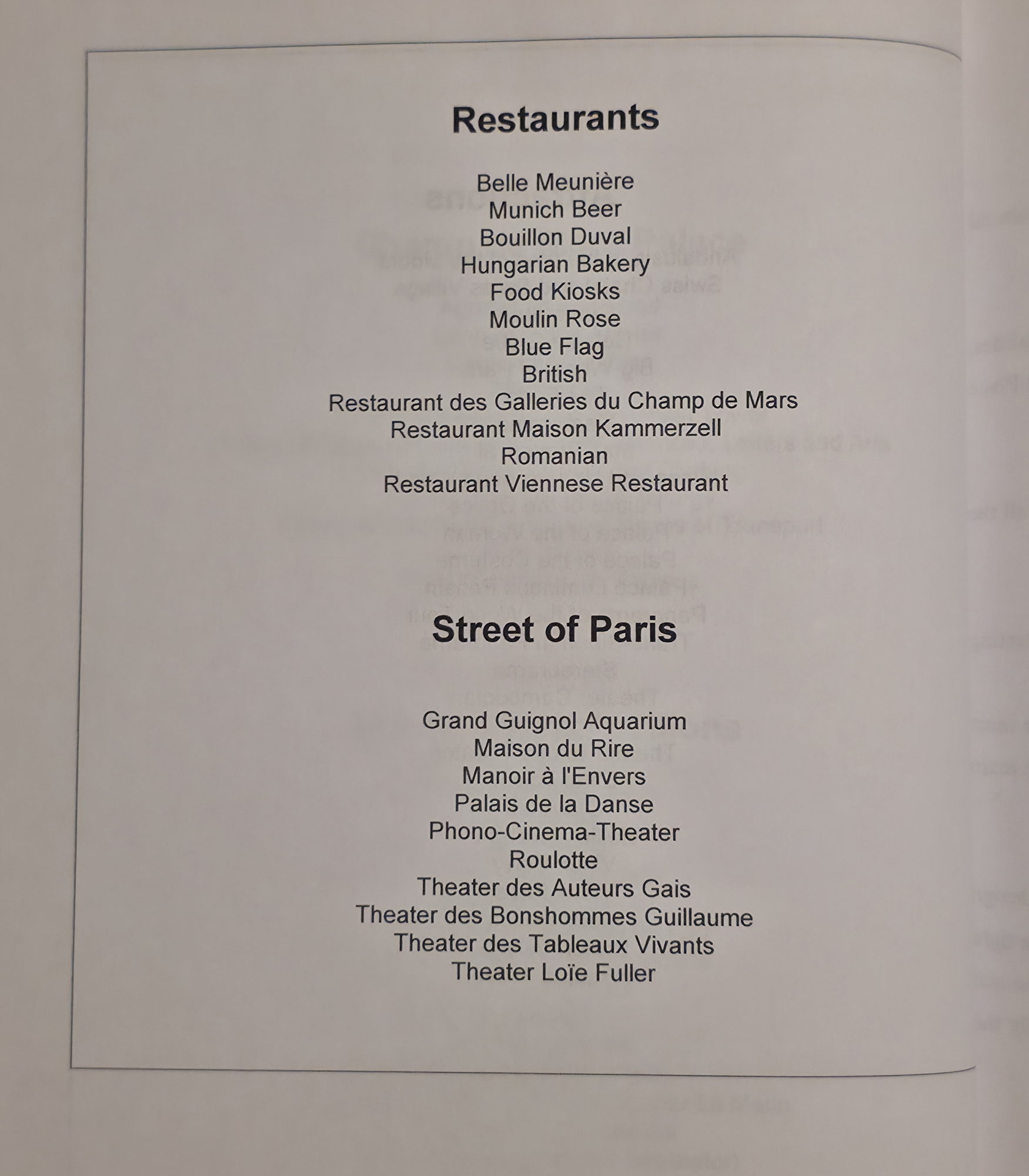 a menu of restaurants and street of paris