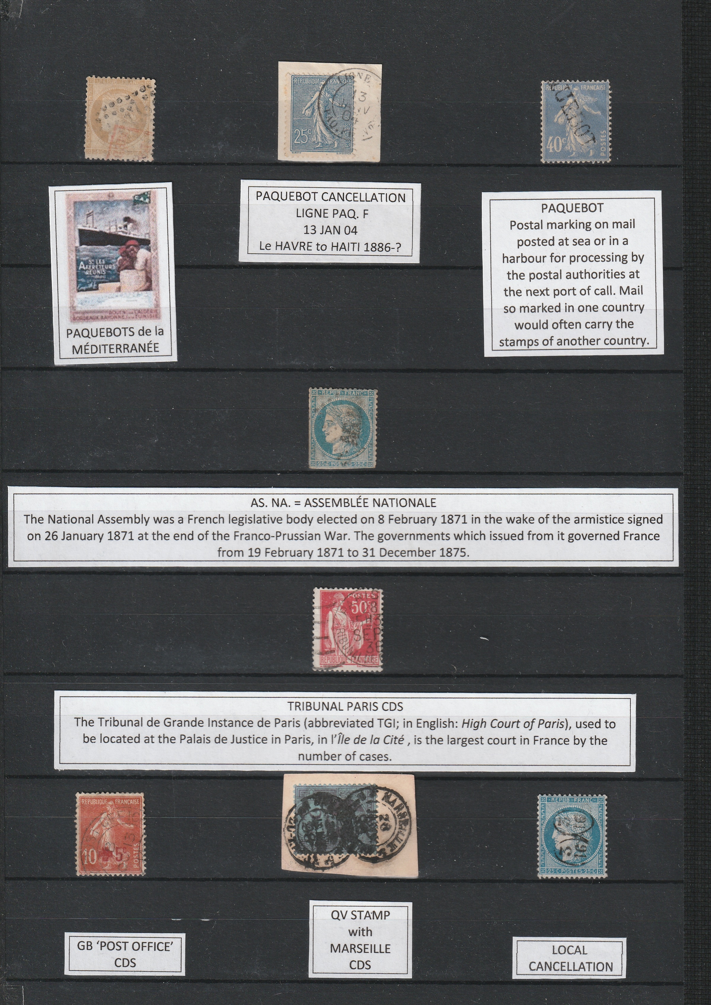 a collection of postage stamps on a black board