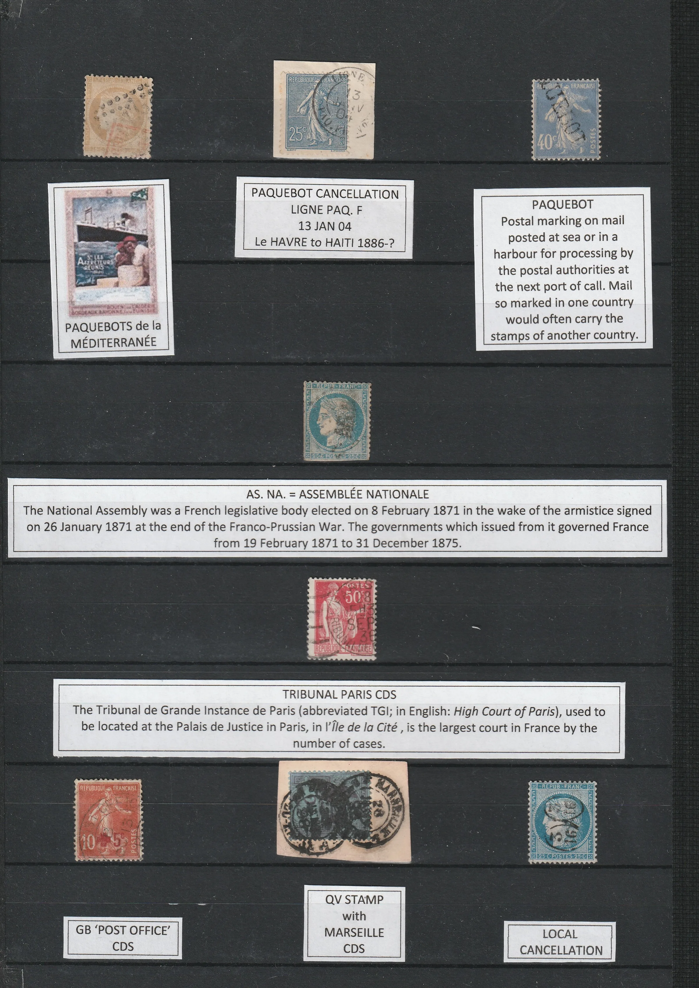 a collection of postage stamps on a black board