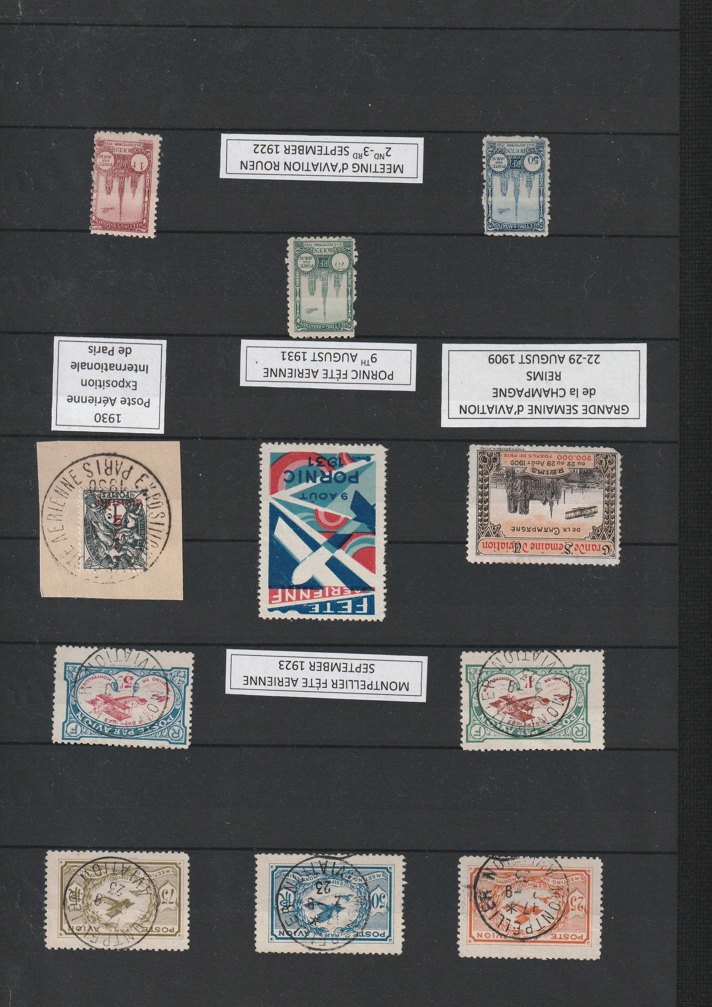 a collection of postage stamps on a black board