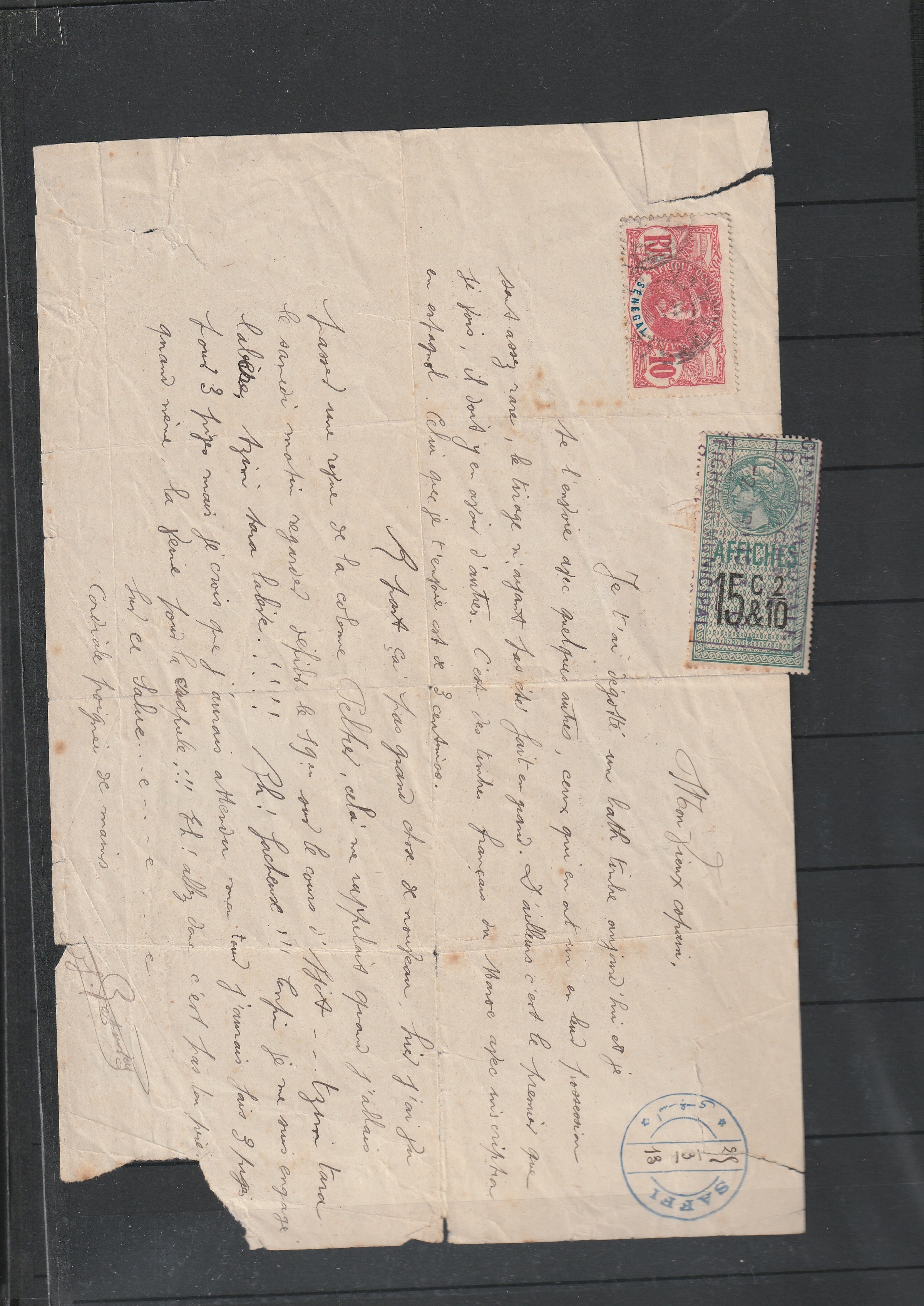 a letter with ink writing on it