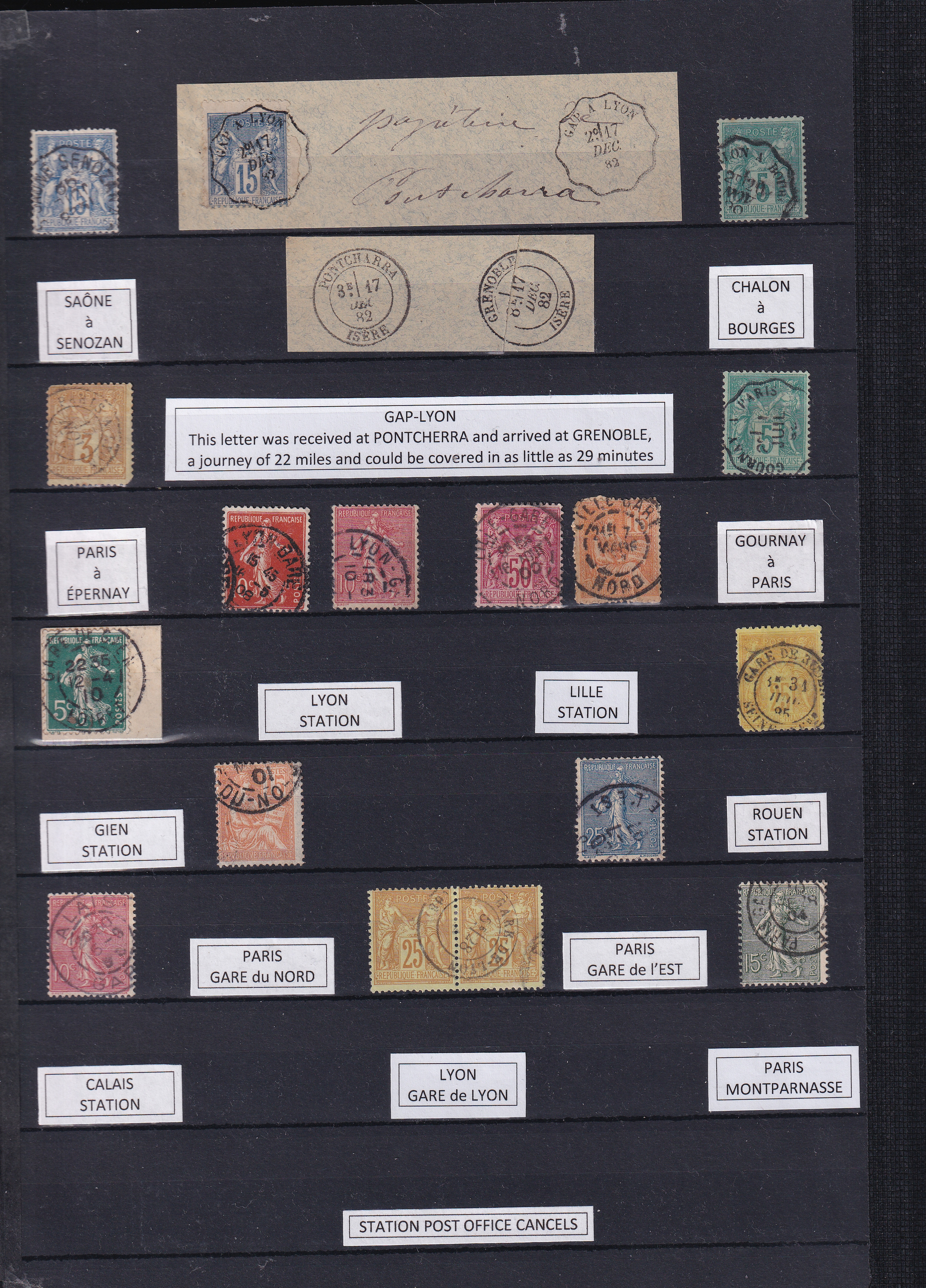 a collection of stamps on a black board