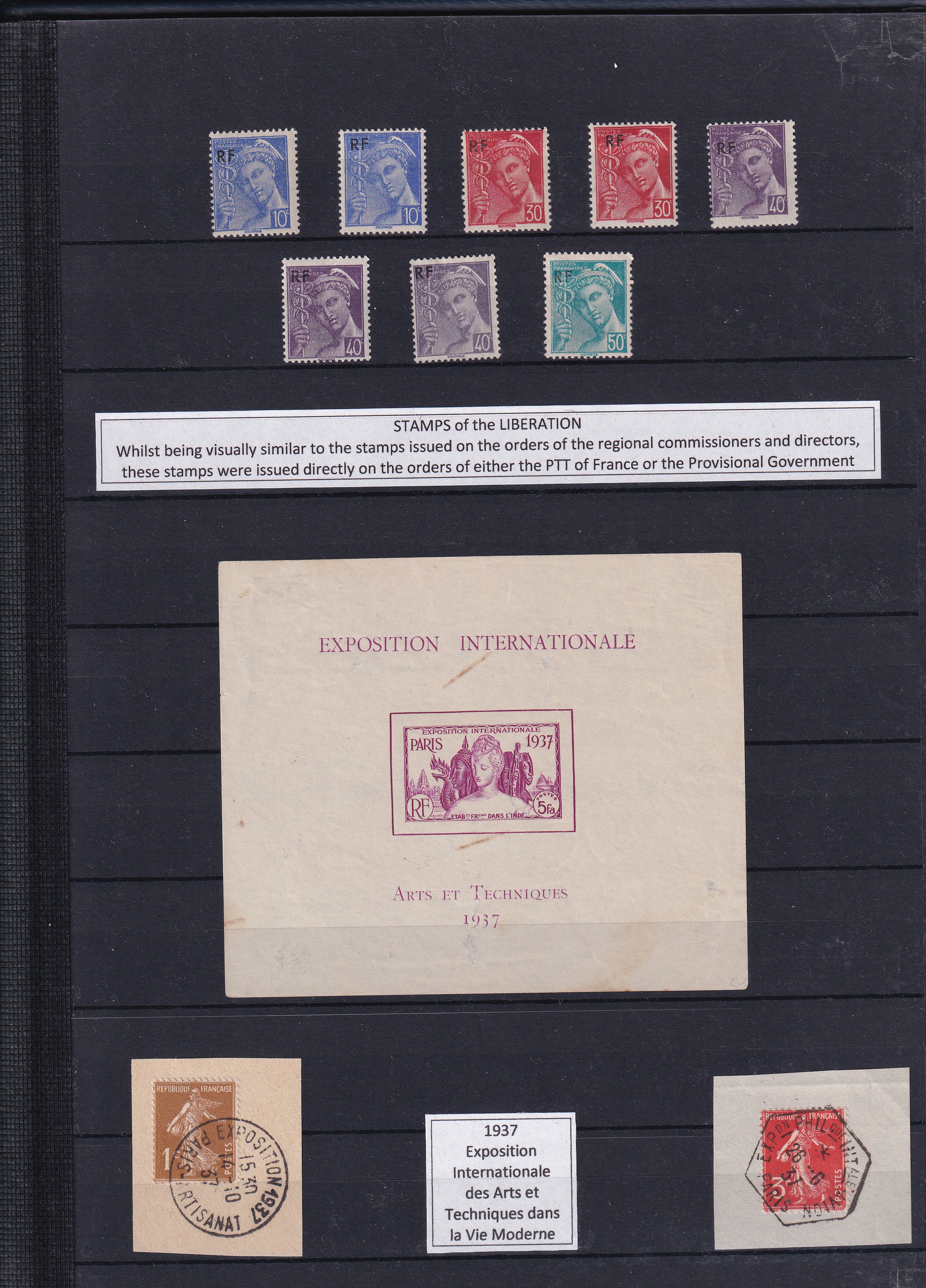 a collection of stamps on a black board