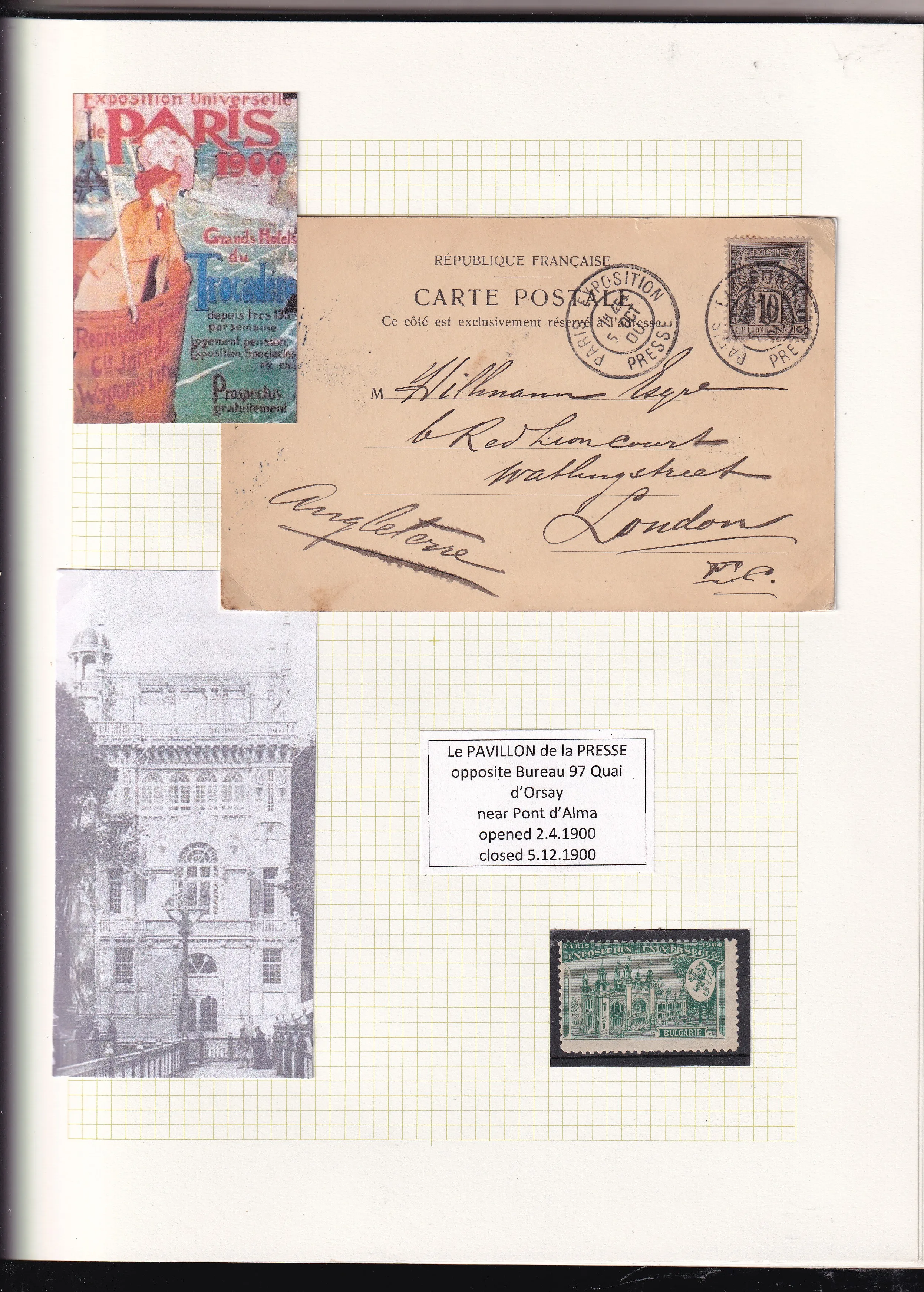 a collection of stamps and a postcard