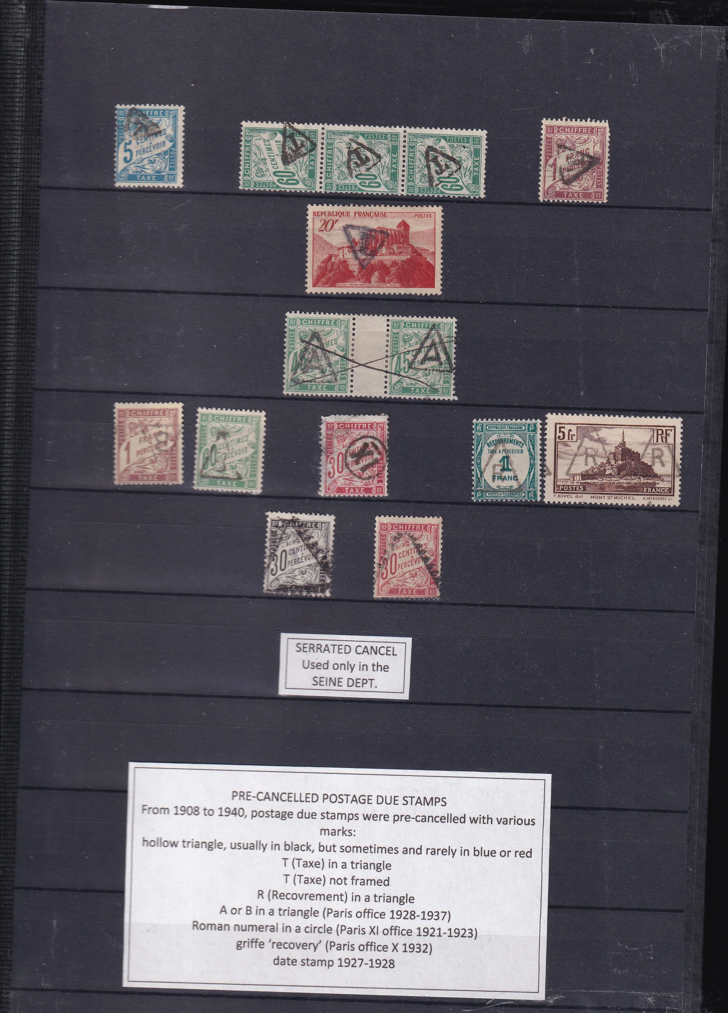 a collection of postage stamps on a black board