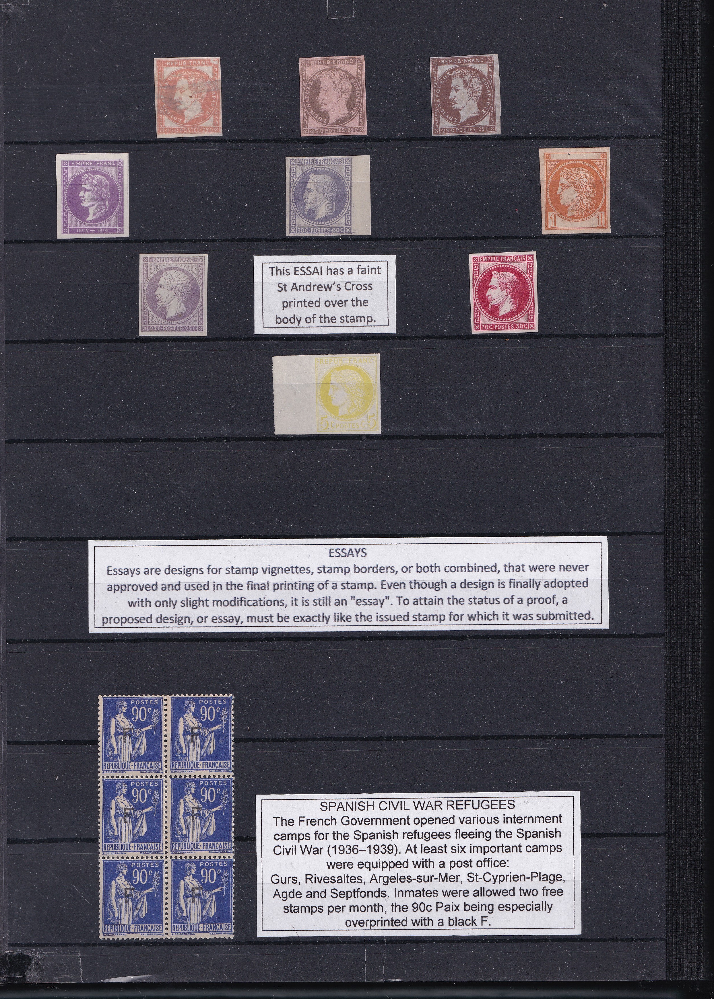 a collection of postage stamps on a black board