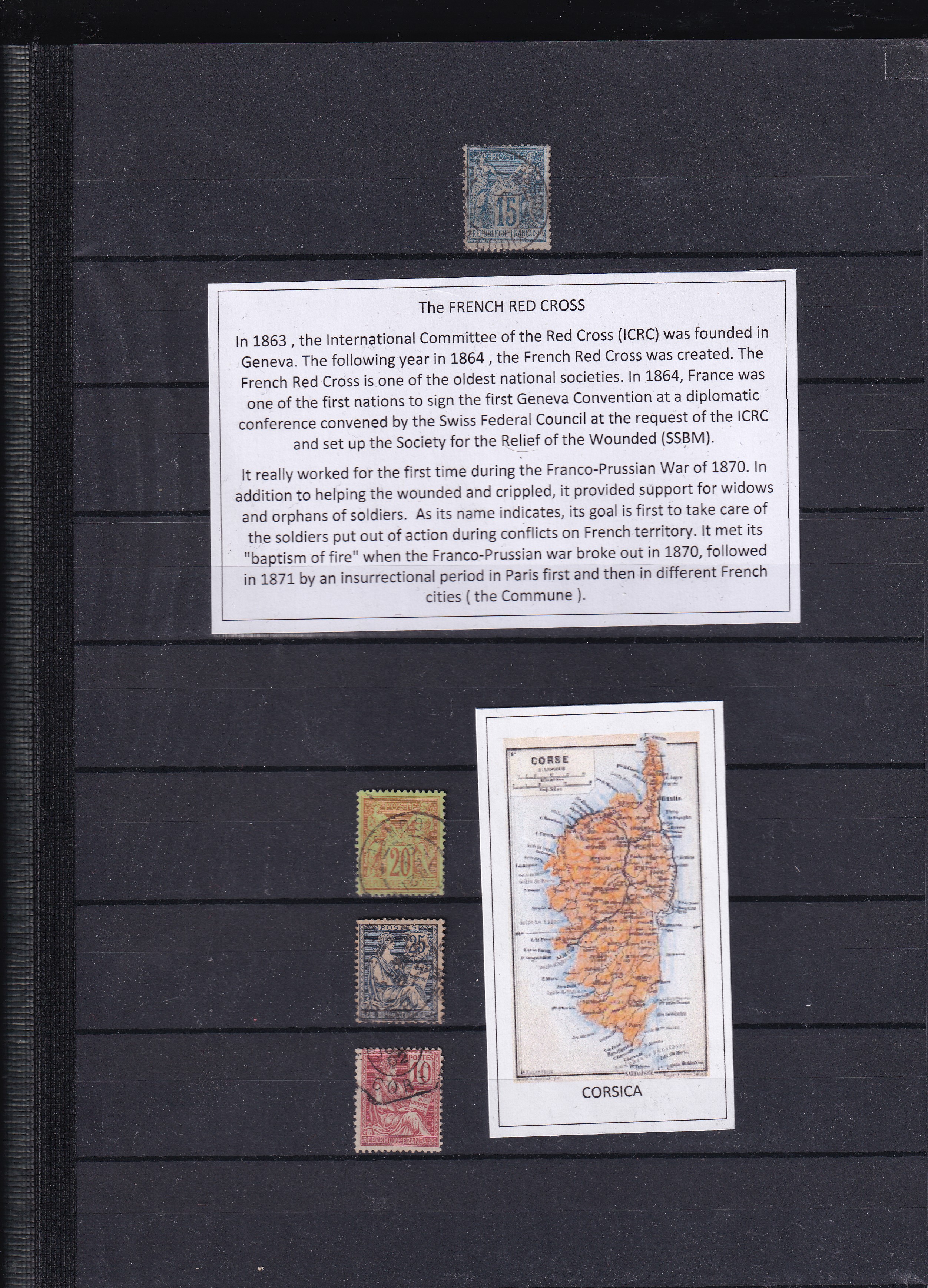 a black board with postage stamps and a map