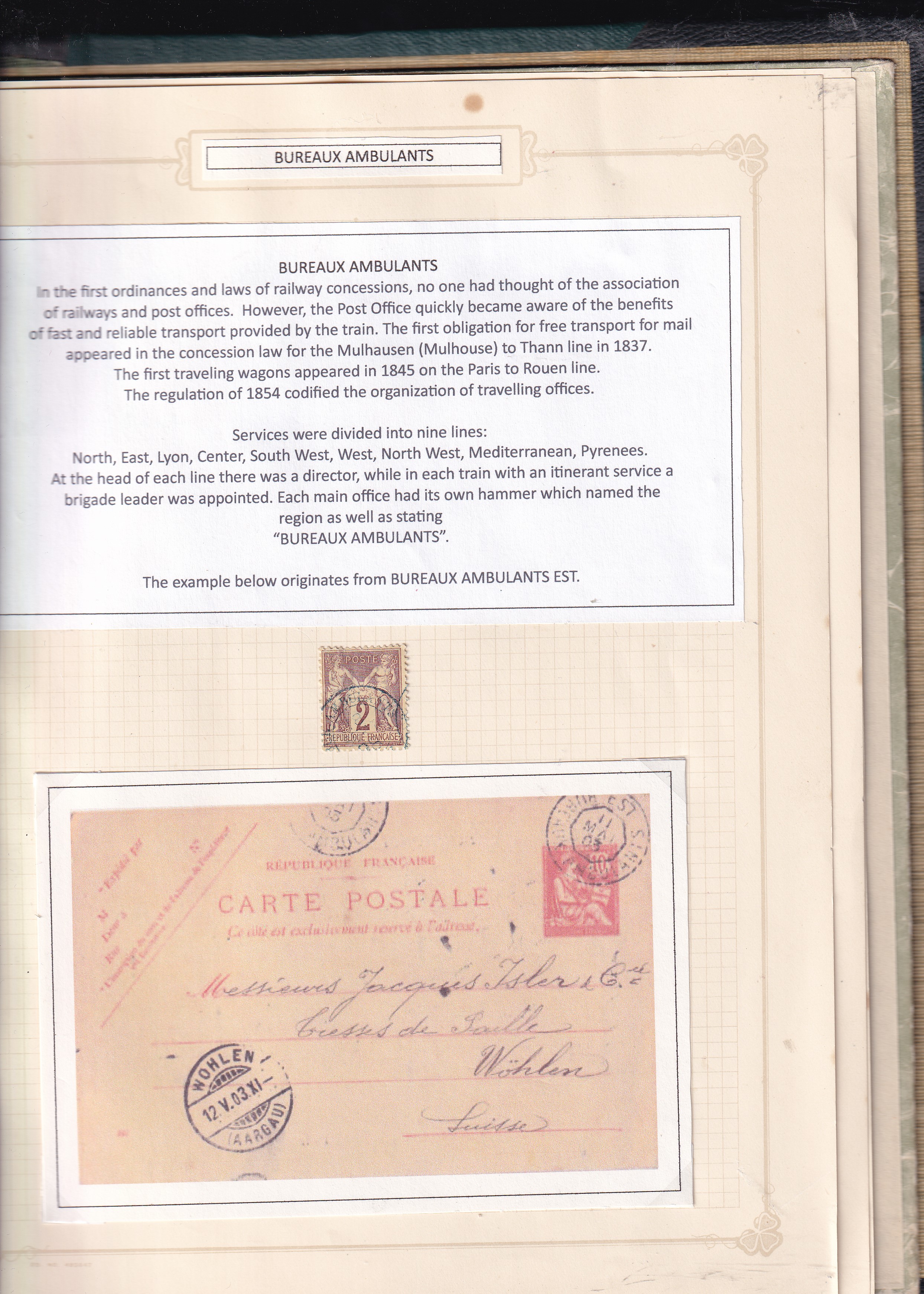 a page of a book with stamps and a piece of paper