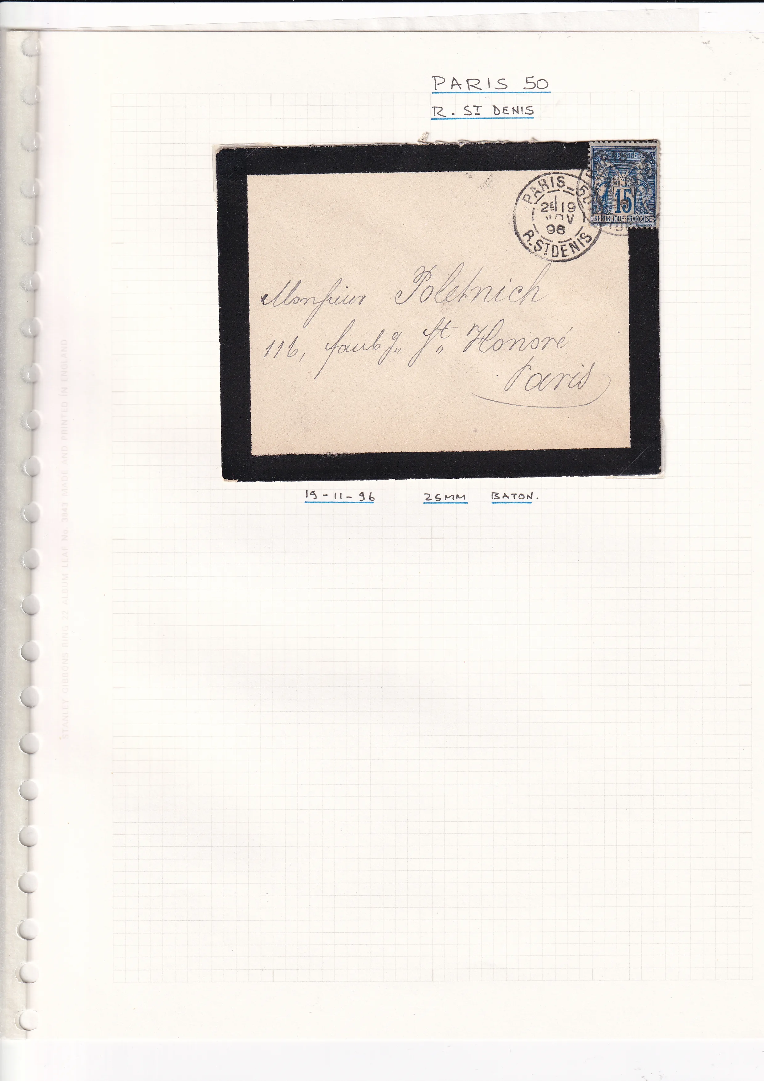 a black and white envelope with a stamp