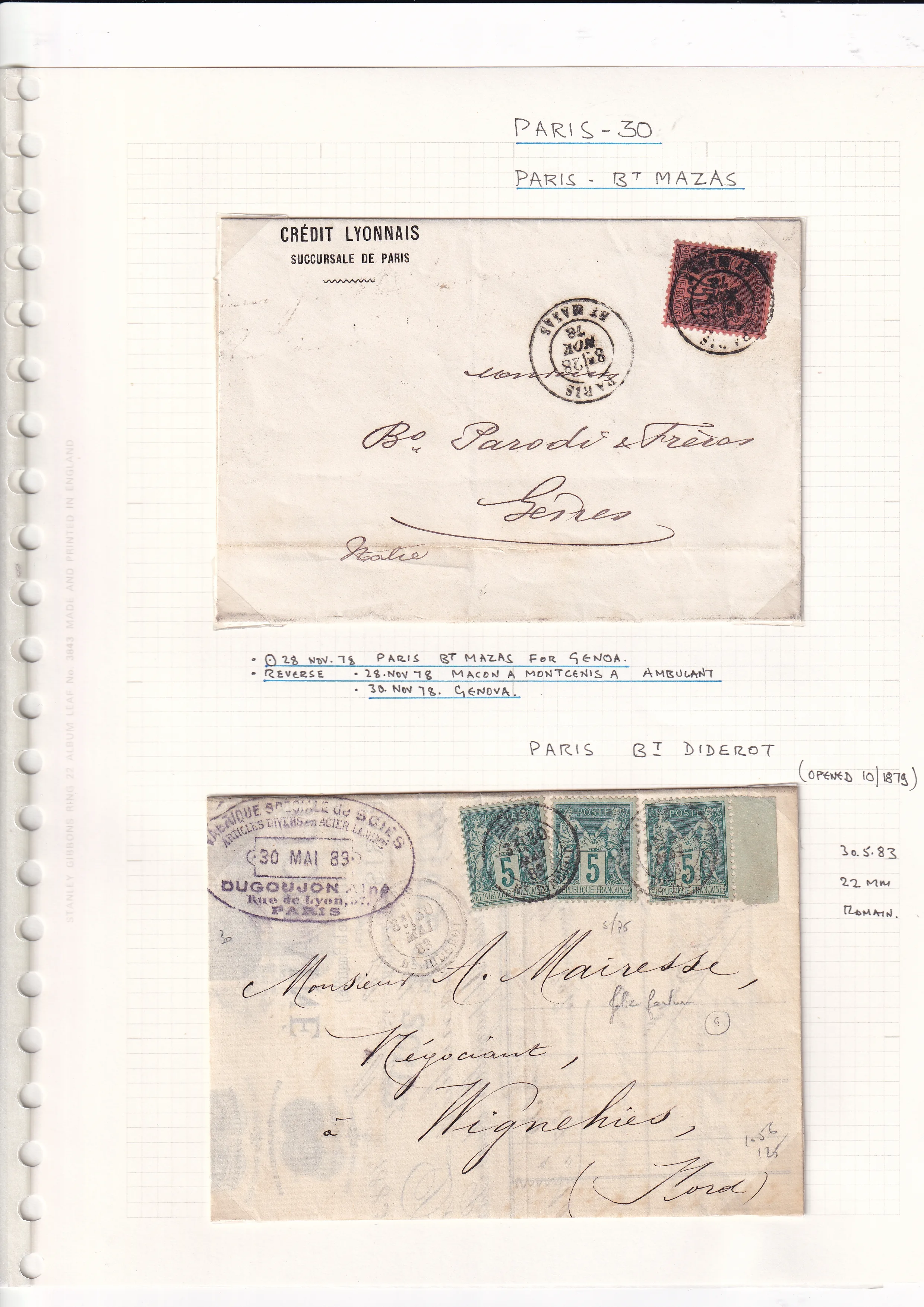 a page of a notebook with a couple of envelopes